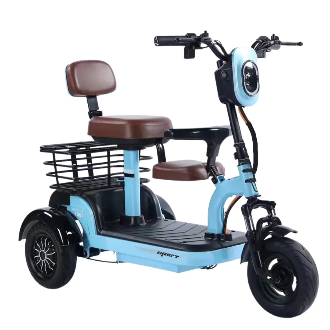 Blue three-wheeled electric scooter with brown seats on a white background