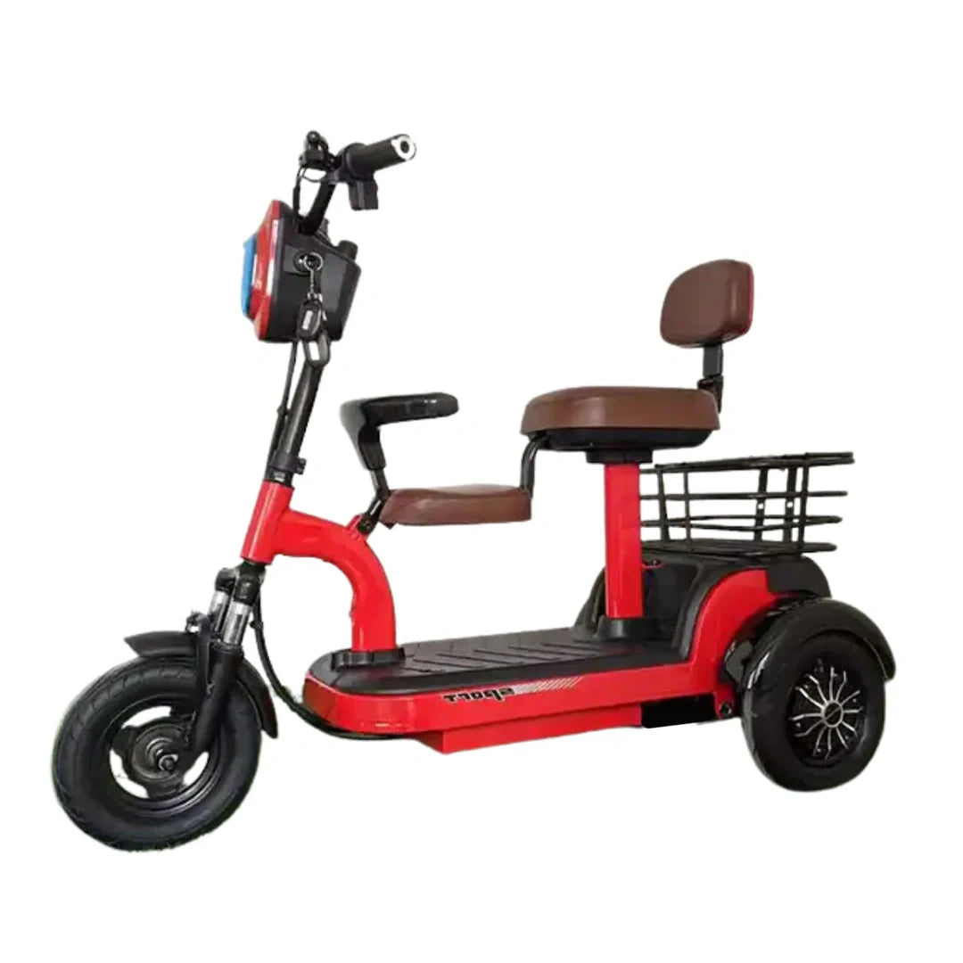 Red three-wheeled scooter with a brown seat on a white background
