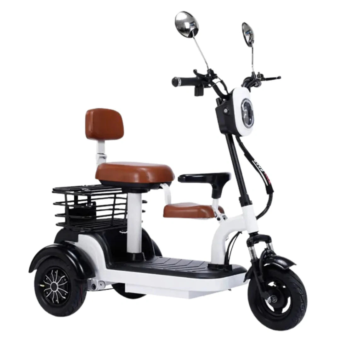 White three-wheeled electric scooter with brown seat and basket on a white background