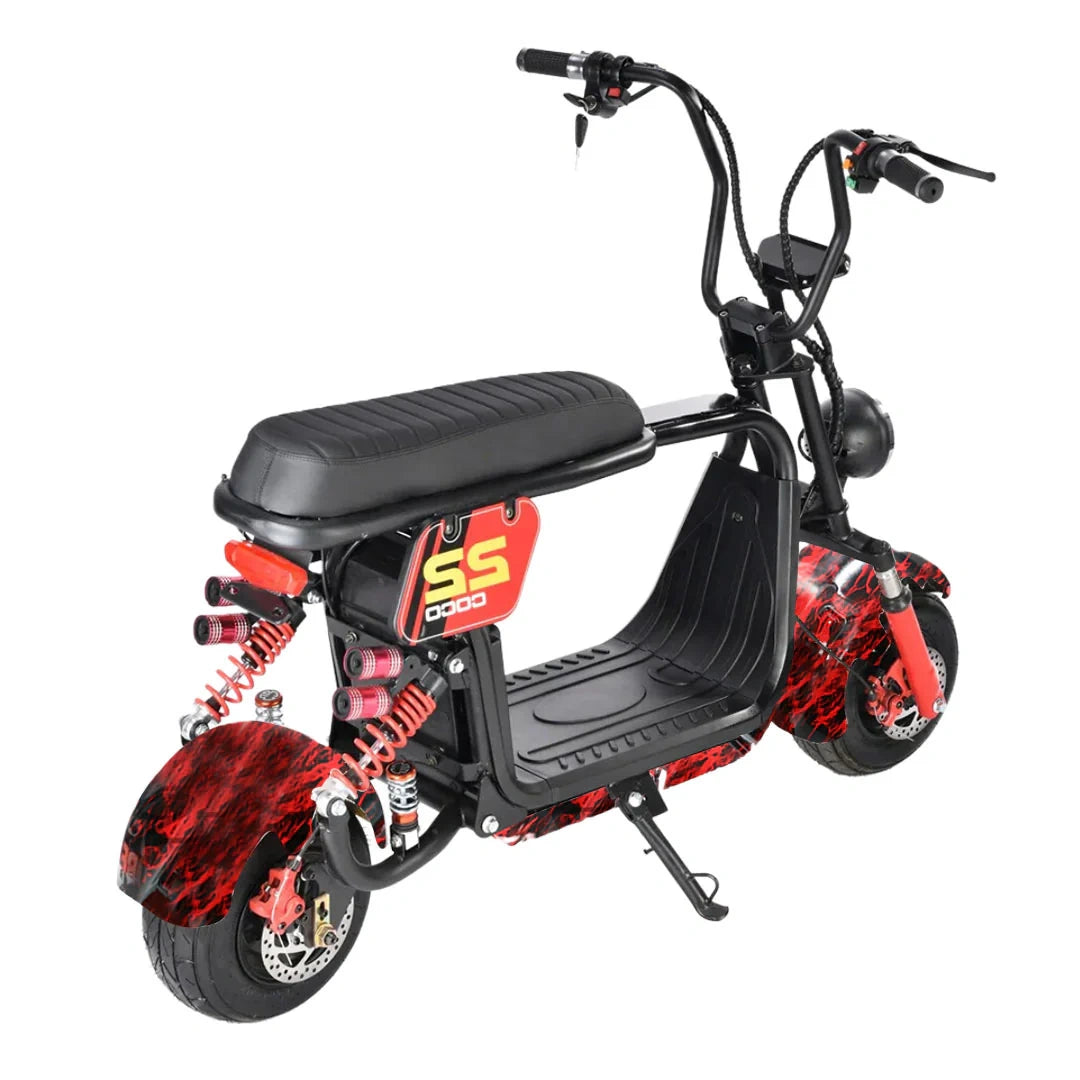 Black and red electric scooter with flame design on a white background