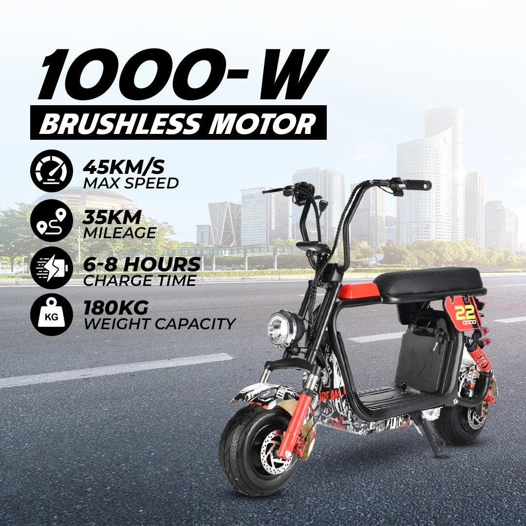 Electric scooter with specifications on a road with cityscape background