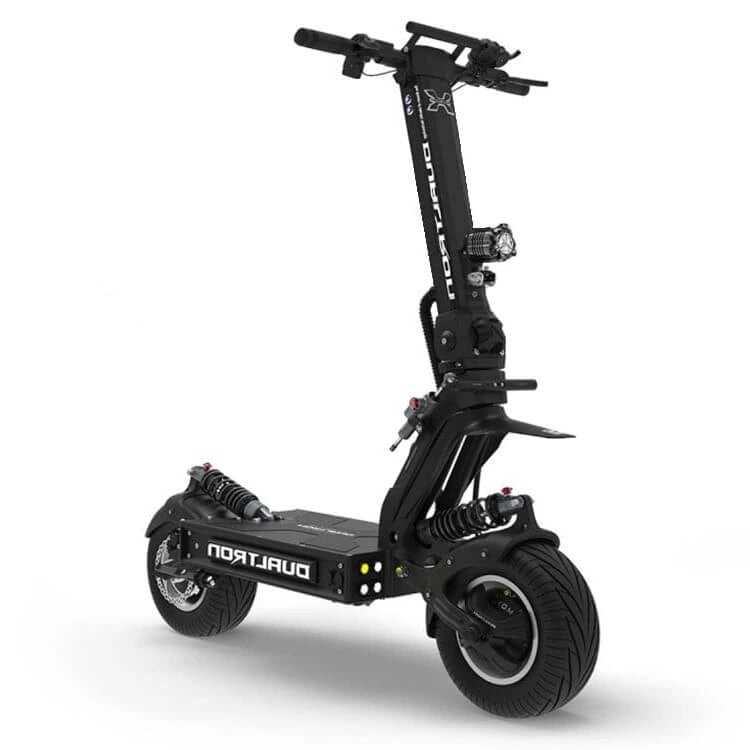 Black electric scooter with visible branding on a white background