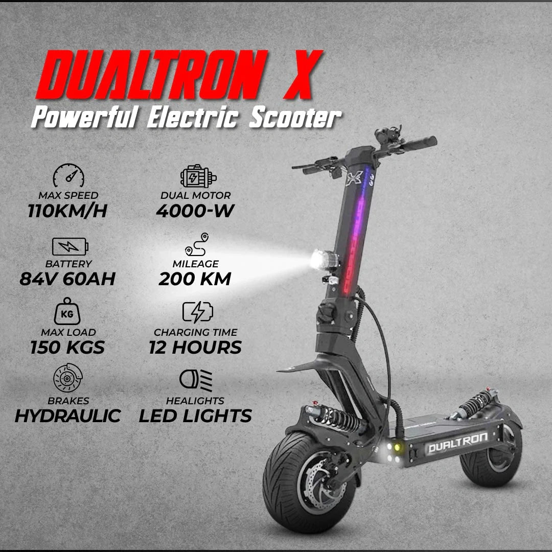 Dualtron X electric scooter with specifications on a gray background