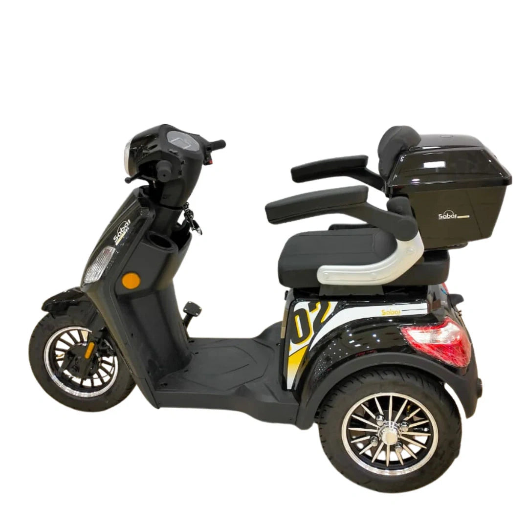 Black three-wheeled mobility scooter with a storage box on a white background