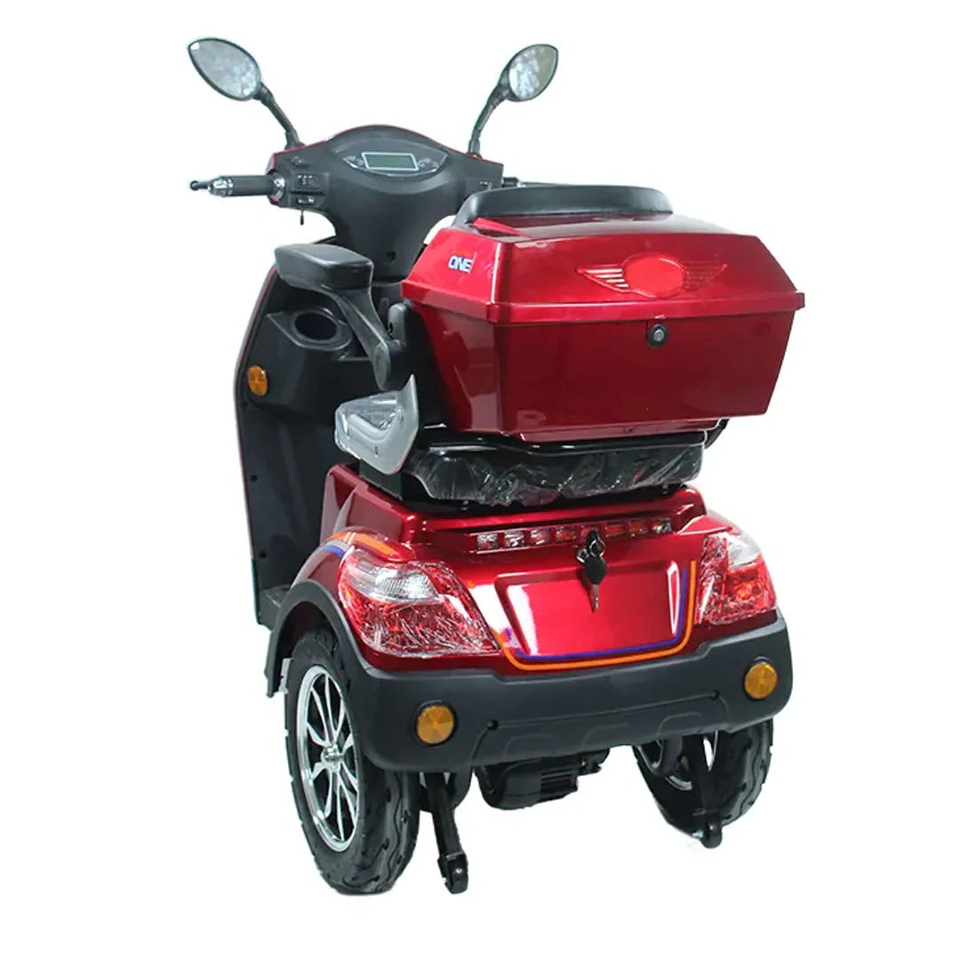 Red and black mobility scooter on a white background
