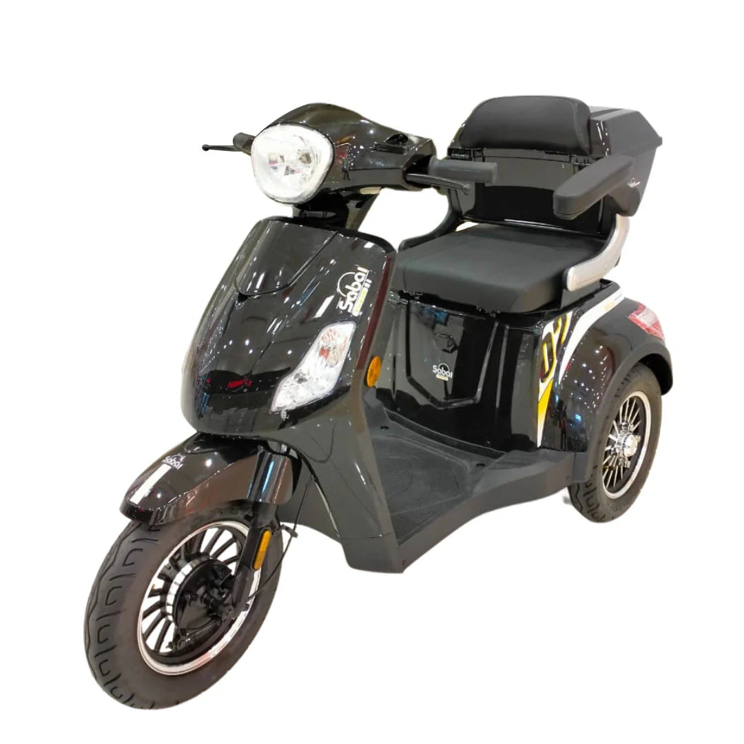 Black three-wheeled scooter on a white background