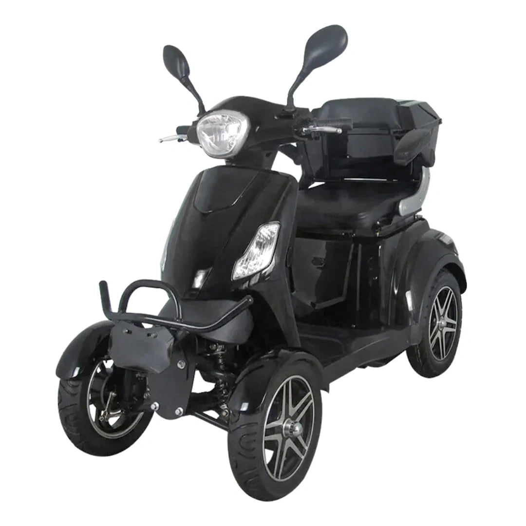 Black three-wheeled mobility scooter on a white background