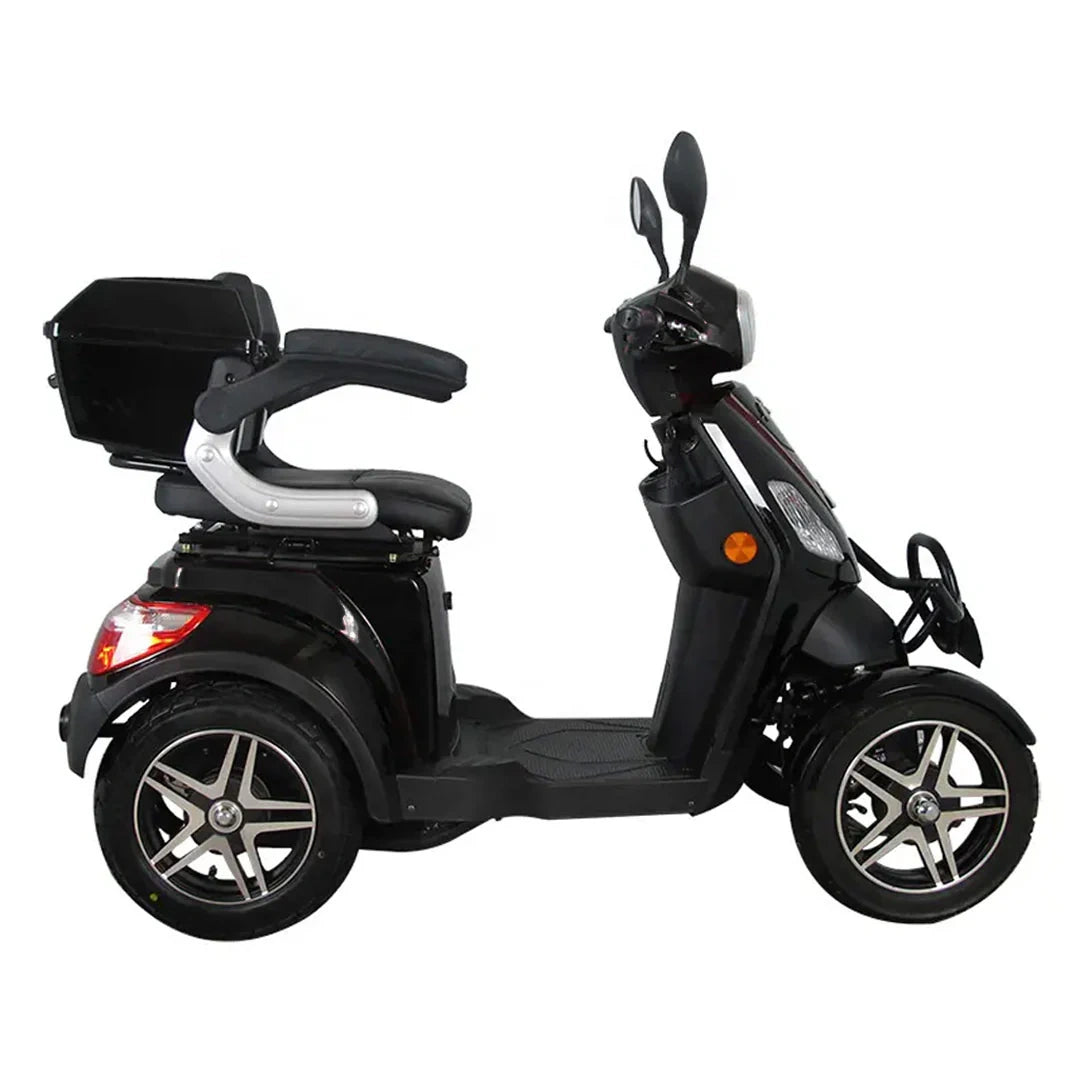 Black three-wheeled mobility scooter on a white background