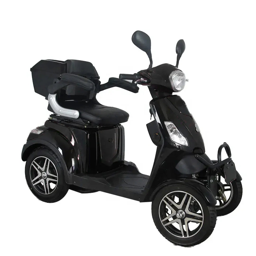 Black three-wheeled mobility scooter on a white background