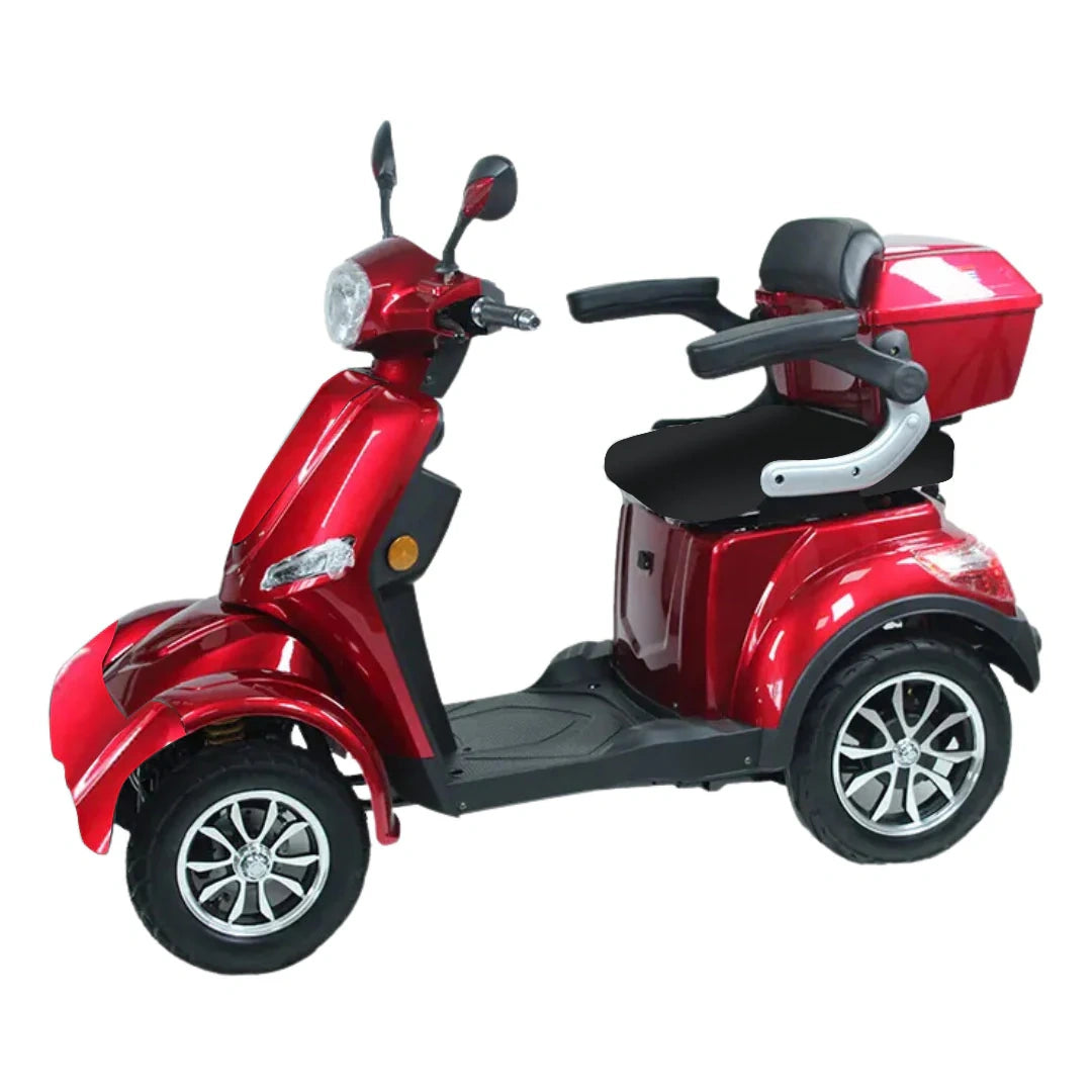 Red three-wheeled mobility scooter with a basket on a white background