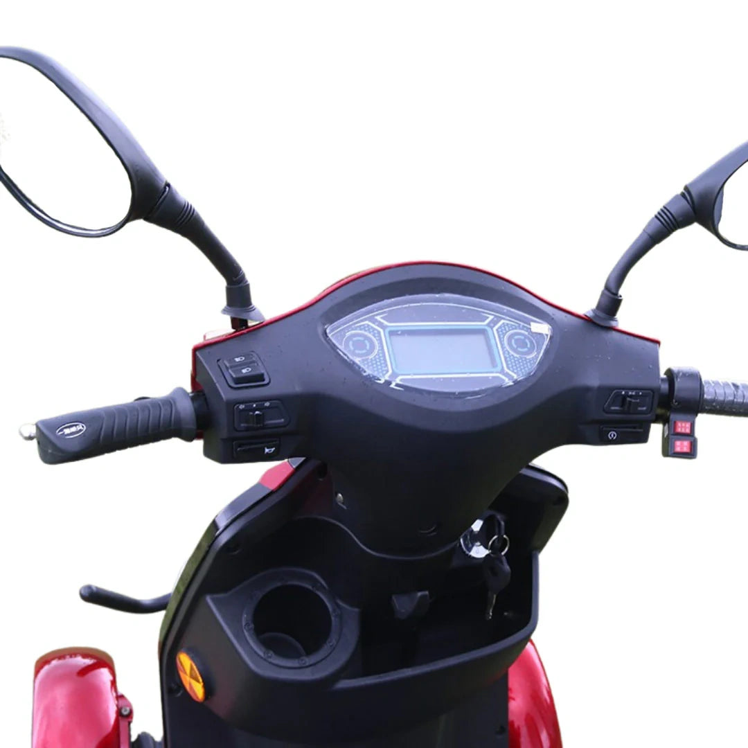 Close-up of a motorcycle handlebar with digital display and controls on a white background