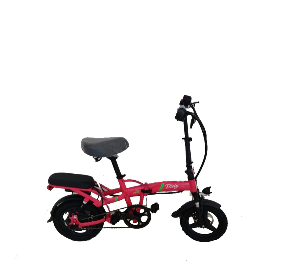 Pink electric bike with black seat and handlebars on a white background