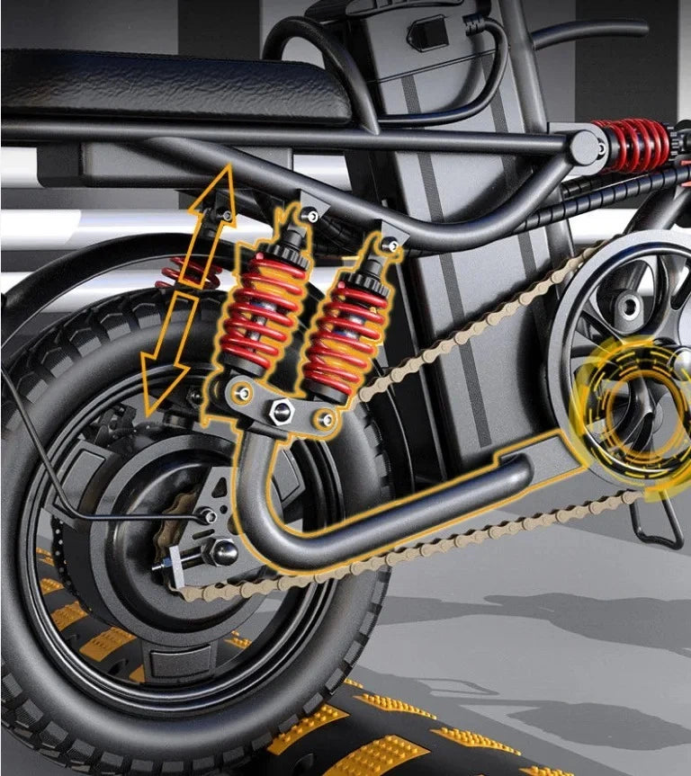Close-up of a motorcycle's suspension system with highlighted components on a dark background.