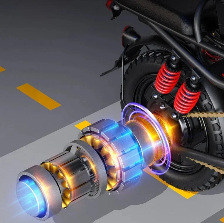 Motorcycle with glowing blue and orange lights on a road