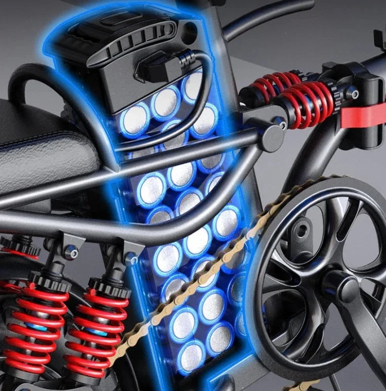 Close-up of a motorcycle with blue lights and red shock absorbers on a gray background