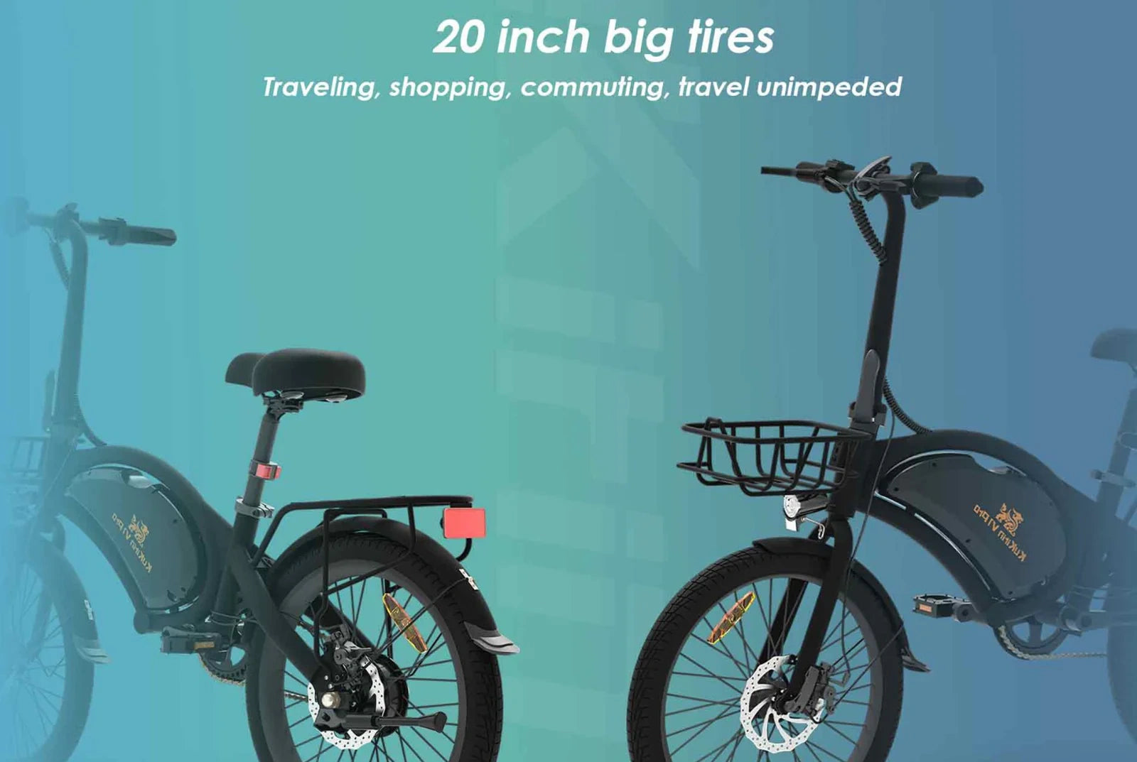 Two electric bikes with 20-inch big tires on a teal background
