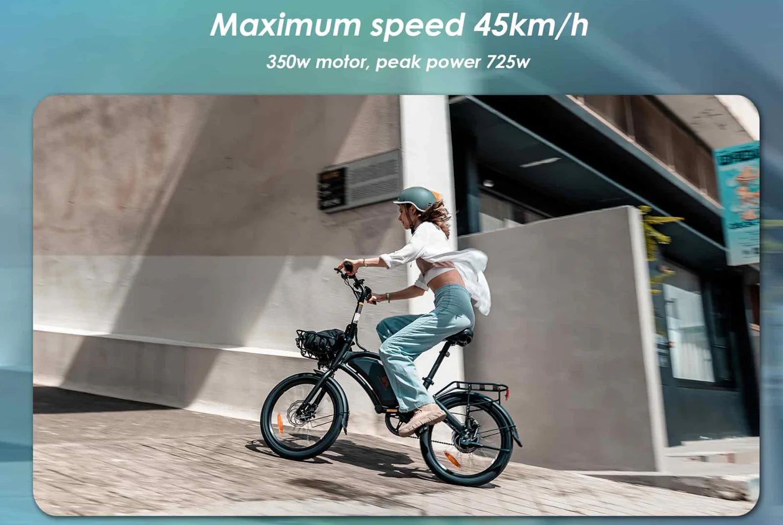 Person riding an electric bike with specifications displayed on a blue gradient background