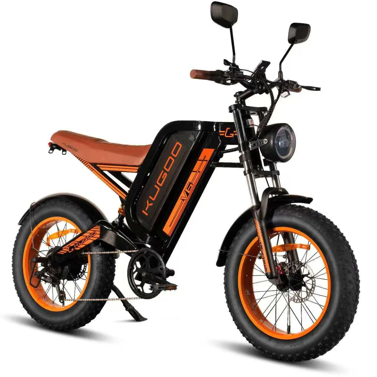 Black and orange electric bike with 'Kuleo' branding on a white background