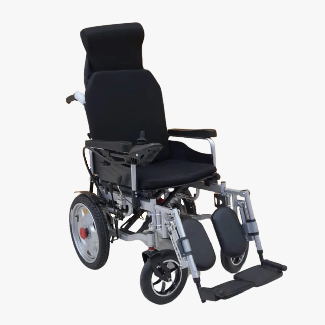 Electric wheelchair with black seat and silver frame on a white background