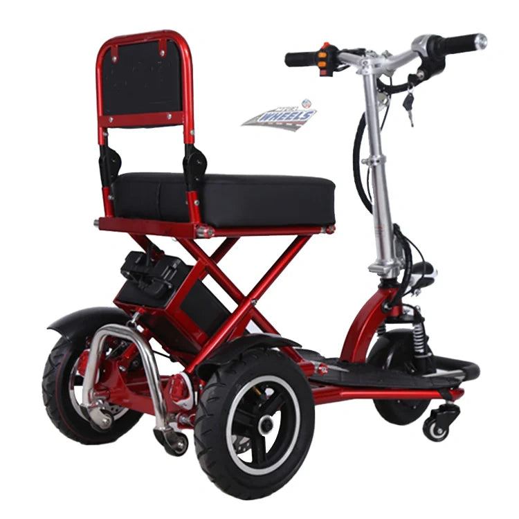 Red electric scooter with a black seat on a white background