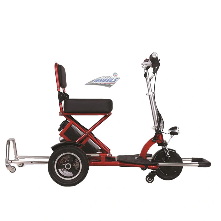 Red and black mobility scooter with a visible brand logo on a white background