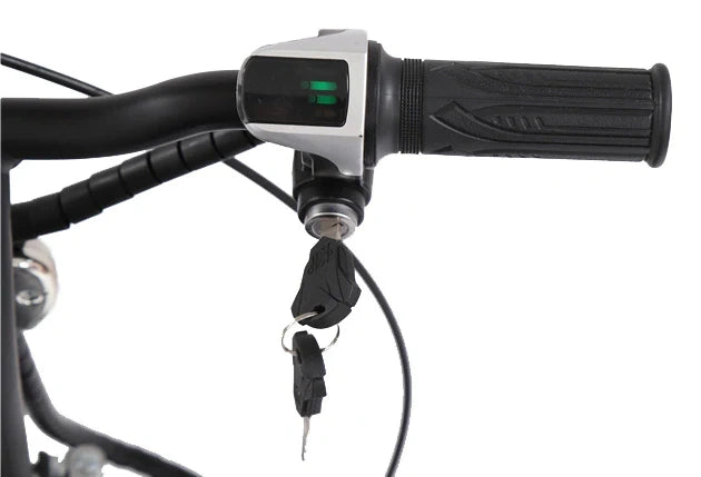 Close-up of a motorcycle handlebar with throttle control and key fob on a white background