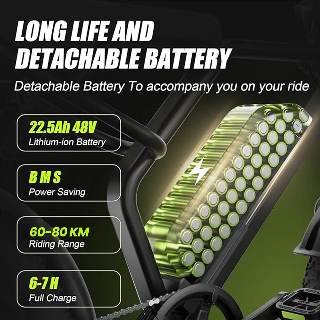 Bicycle battery pack with specifications on a dark background