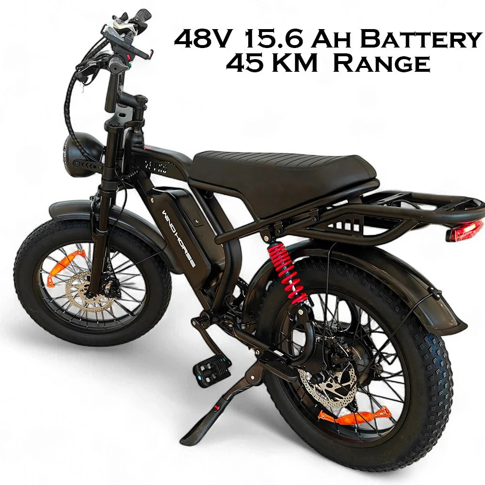 Black electric bike with 48V battery and 45 KM range on a white background