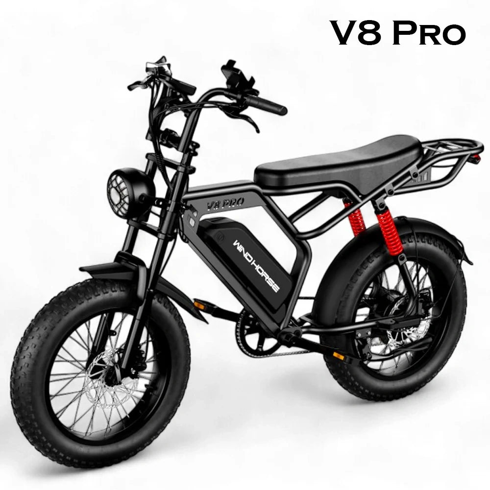 Black electric bike with 'V8 Pro' branding on a white background