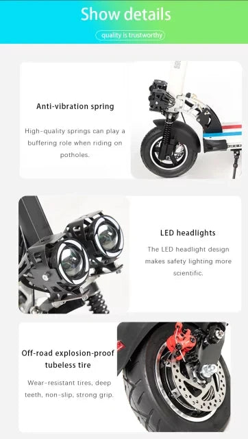 Product features of a motorcycle with text on anti-vibration spring, LED headlights, and off-road explosion-proof tire.