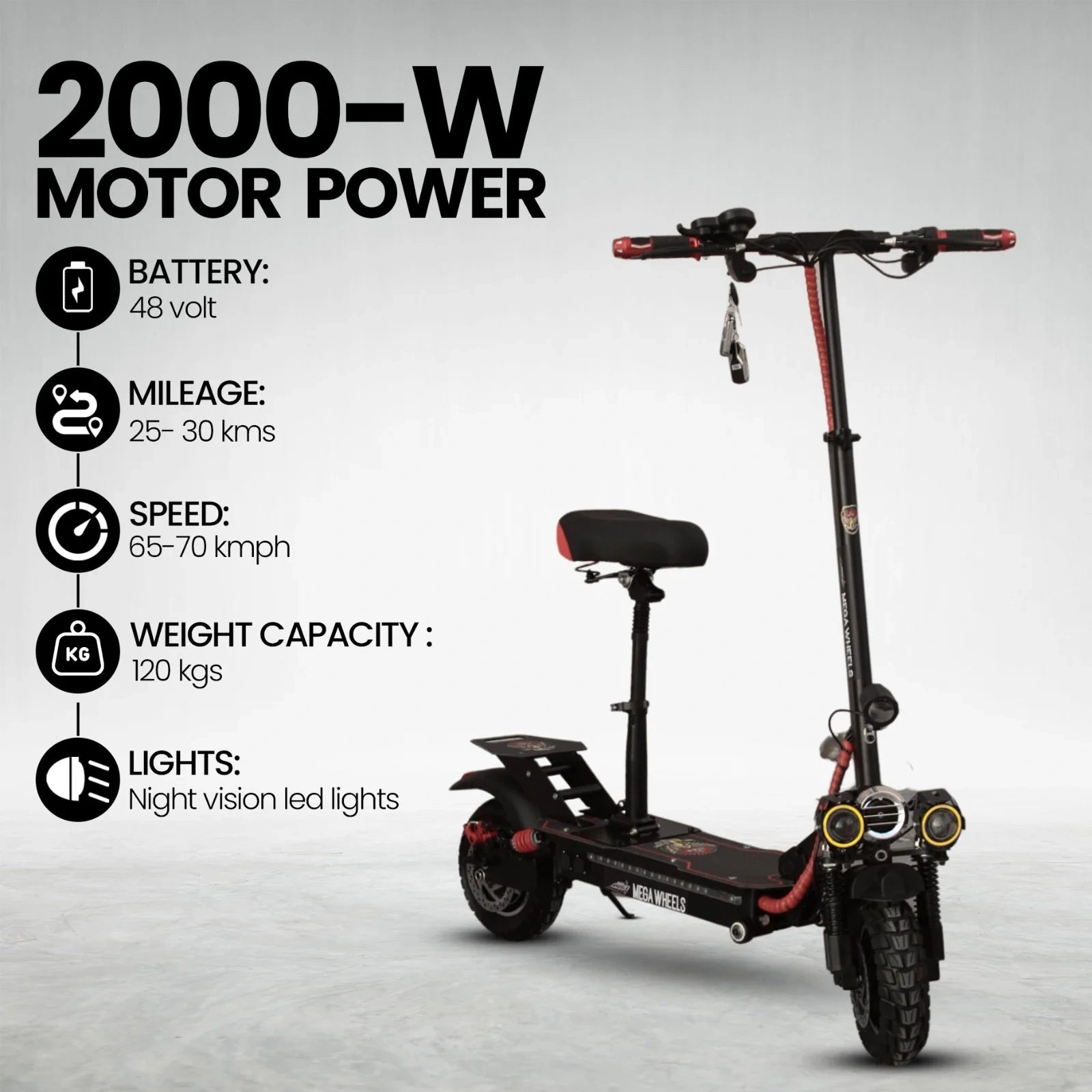 Electric scooter with specifications on a gray background