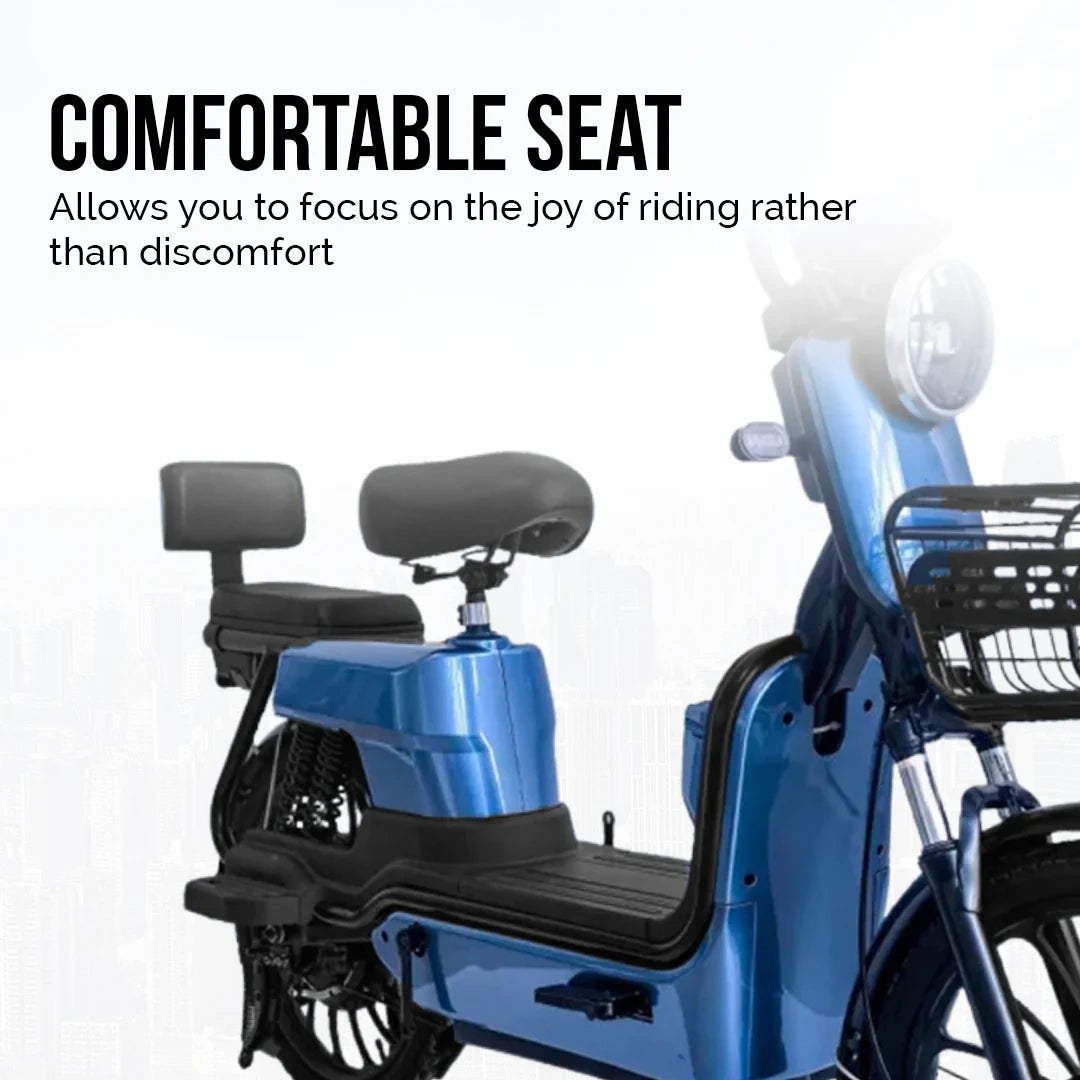 Blue scooter with a comfortable seat on a white background