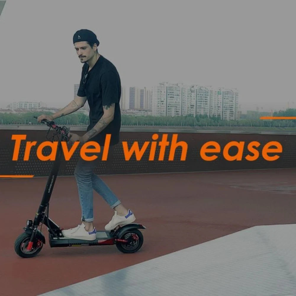 Person riding an electric scooter with 'Travel with ease' text and cityscape in the background