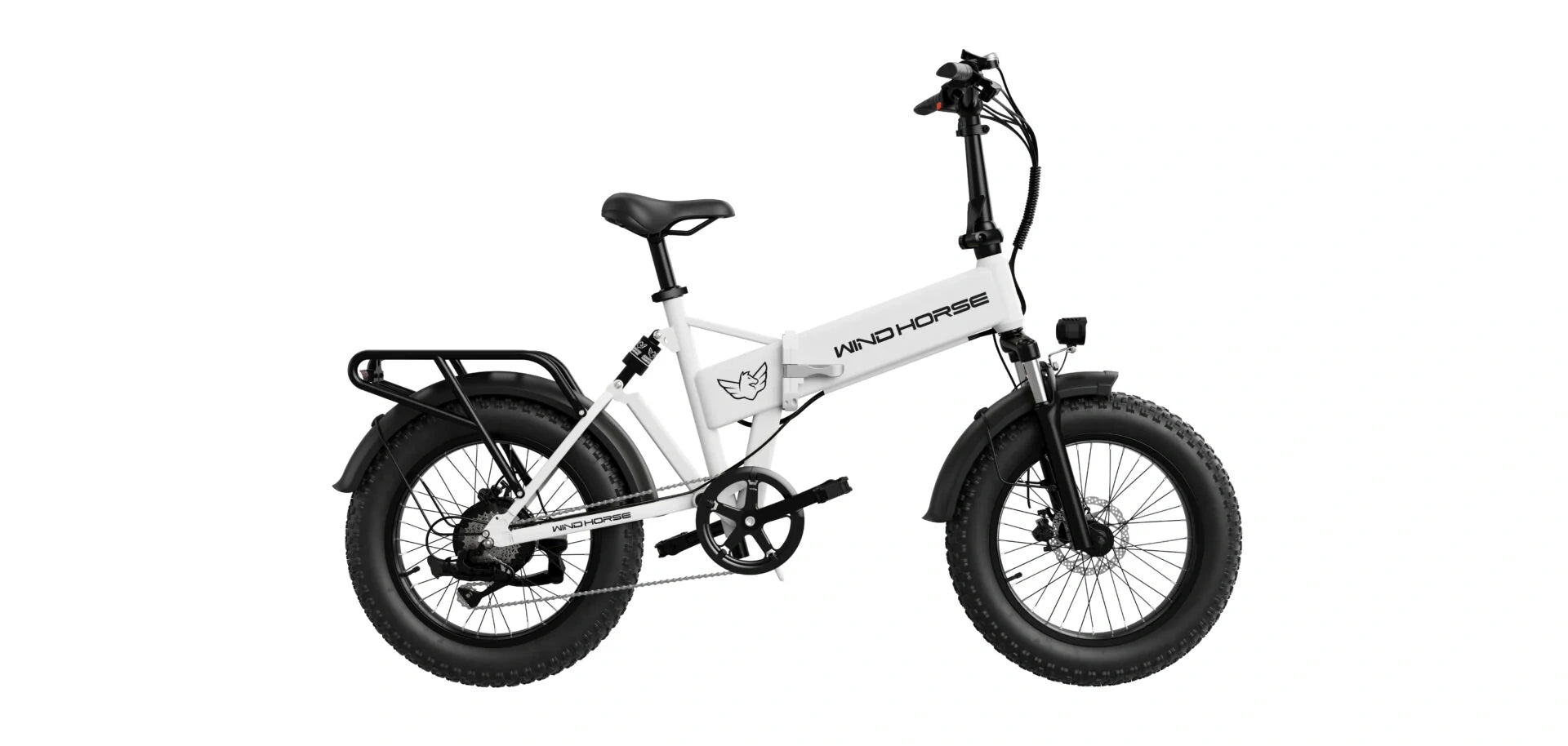 White electric bike with black wheels on a white background