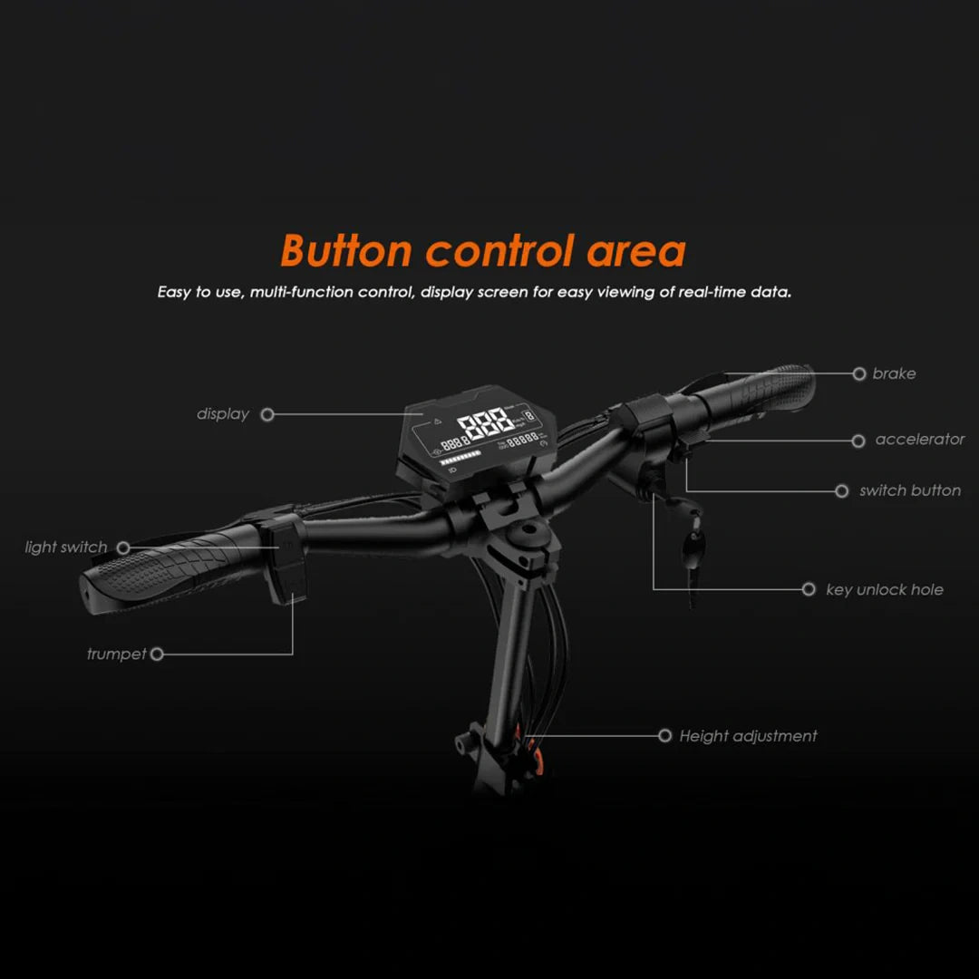 Control panel of an electric bike with labeled buttons on a black background