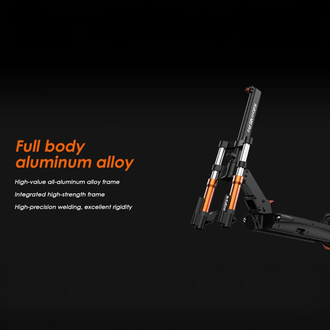 Black scooter frame with orange accents on a black background, featuring text about full body aluminum alloy construction.