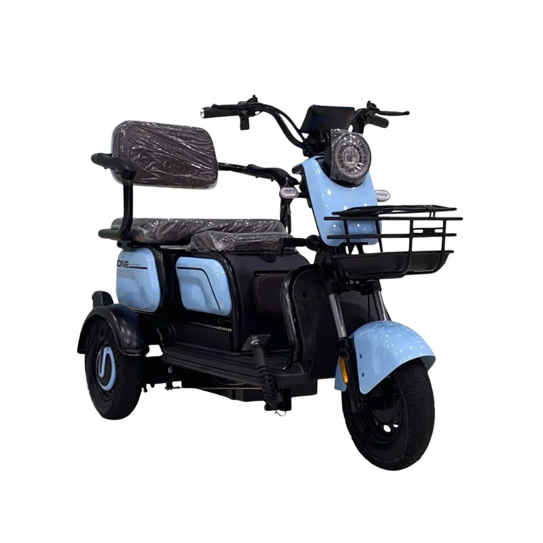Three-wheeled electric scooter with a blue and black design on a white background
