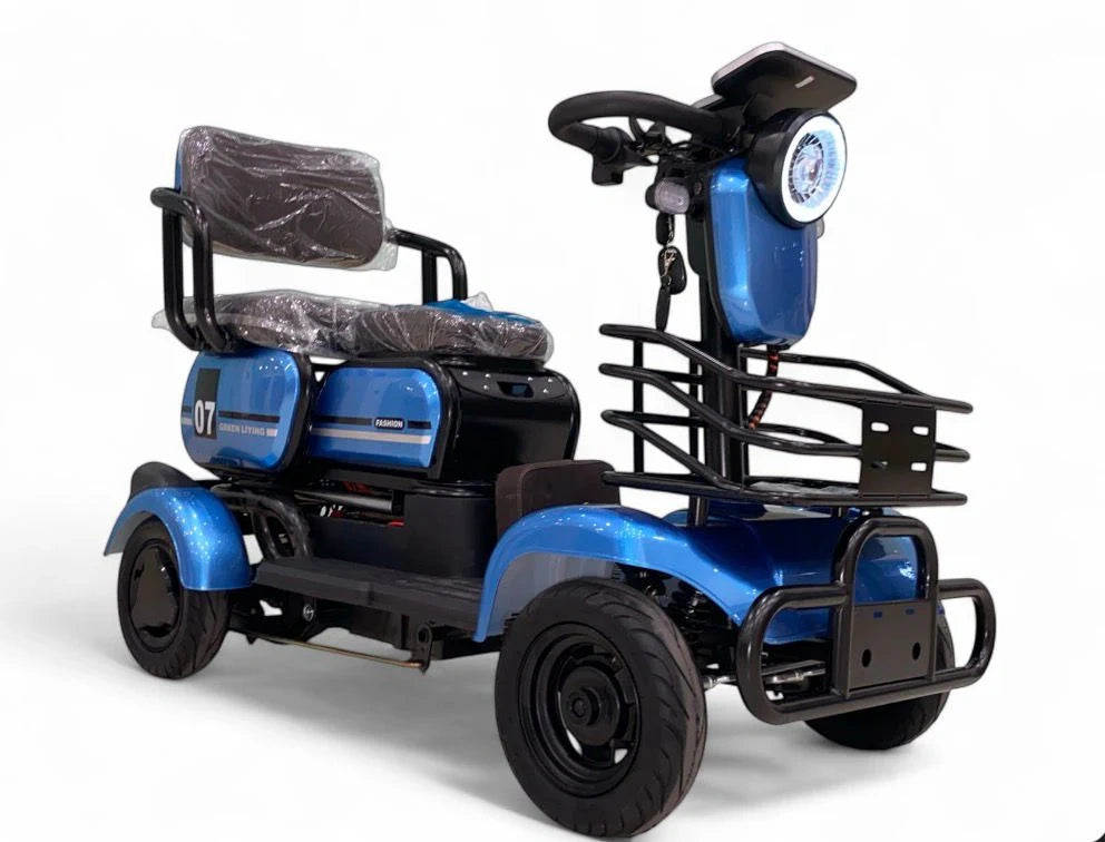Blue and black mobility scooter on a white background