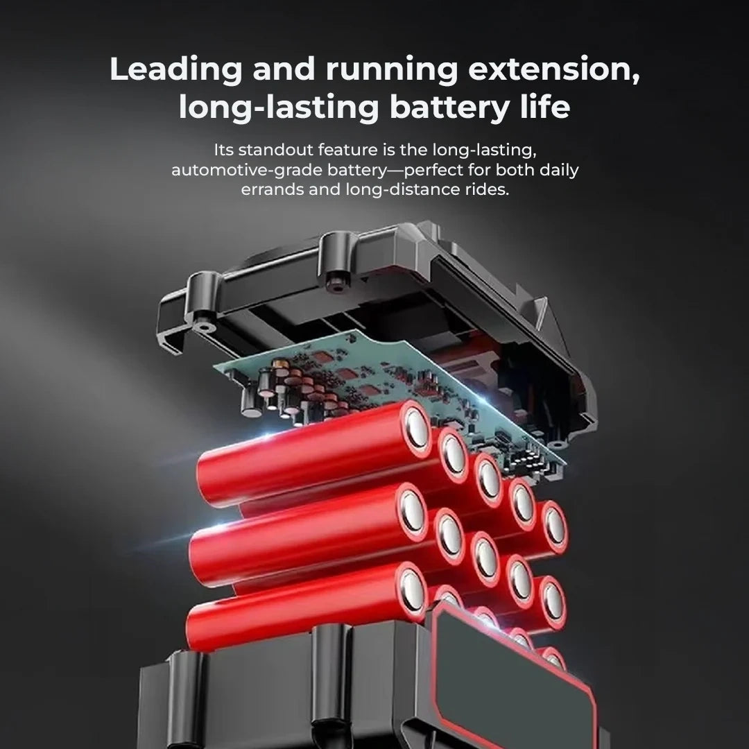 Battery pack with red cylindrical cells and black connectors on a dark background, highlighting long-lasting battery life.