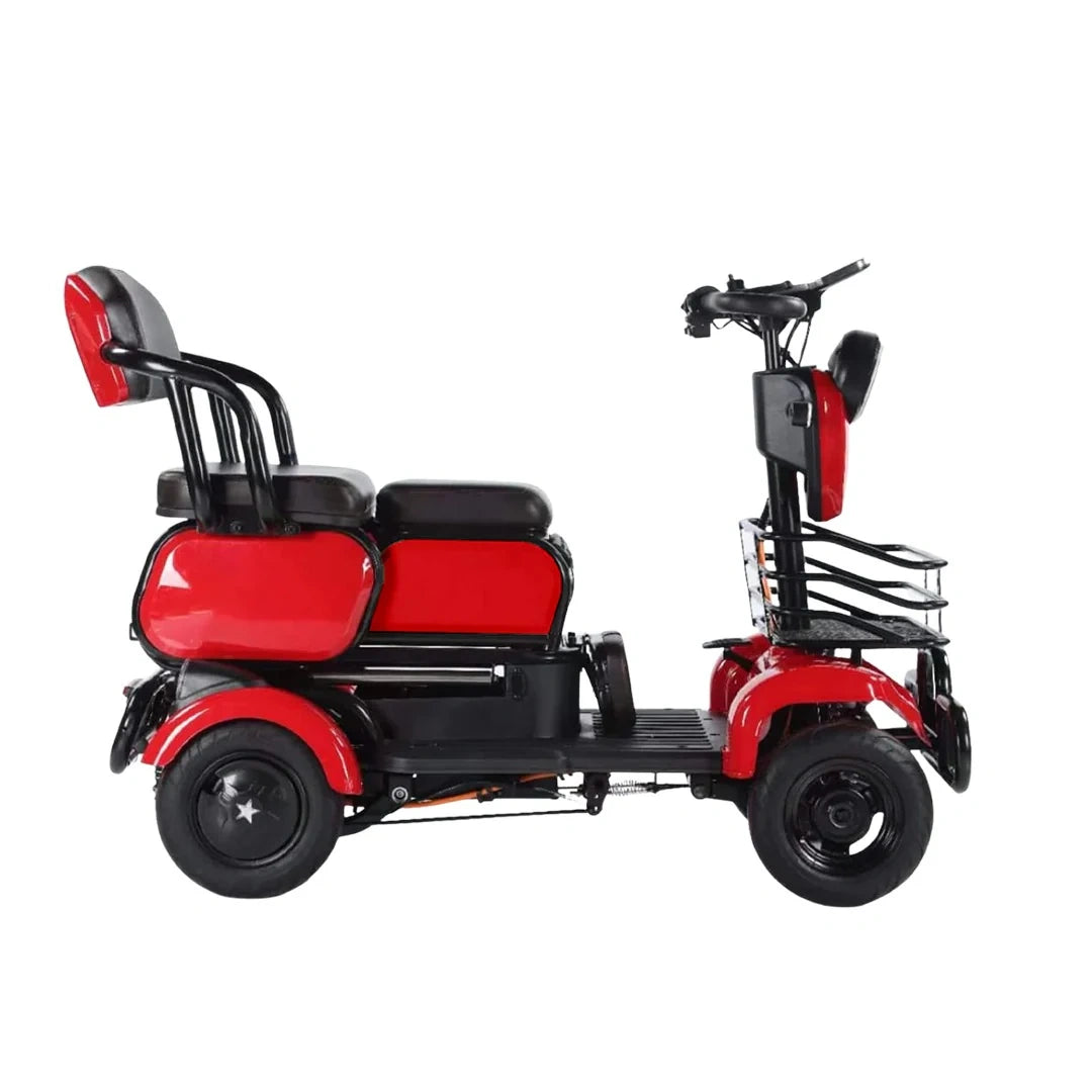 Red and black mobility scooter on a white background