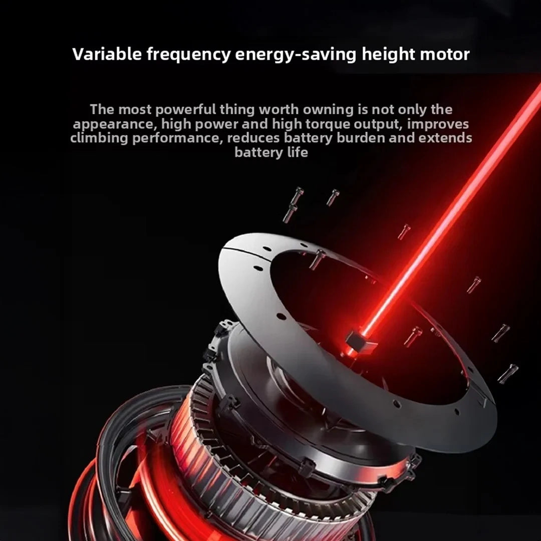 Close-up of a mechanical component with a red laser beam on a black background, featuring text about a variable frequency energy-saving height motor.
