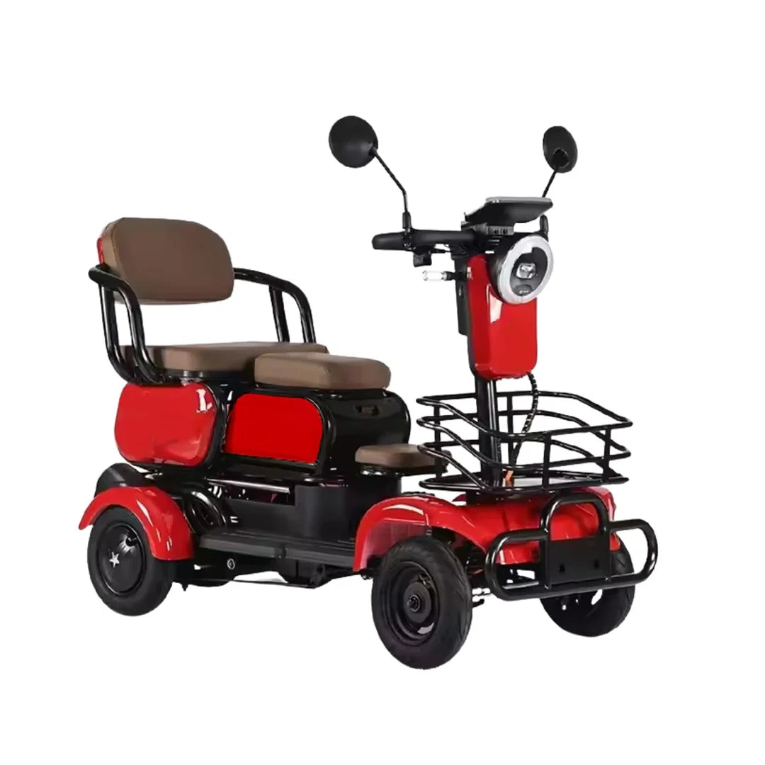 Red and black mobility scooter with brown seat on a white background