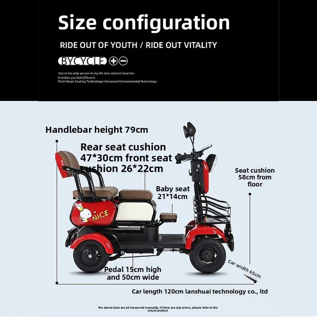 Red electric scooter with dimensions labeled on a light gray background