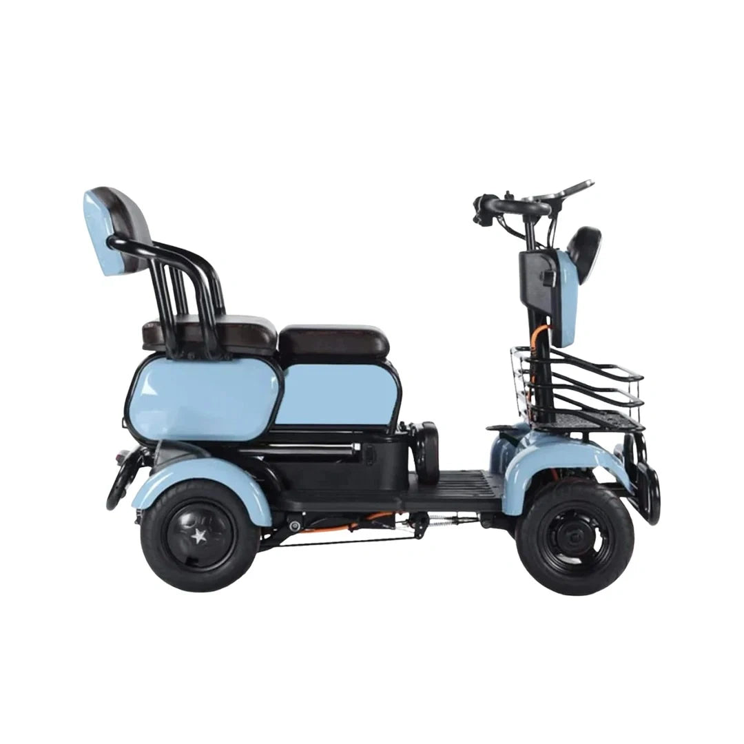 Blue and black electric scooter with a basket on a white background