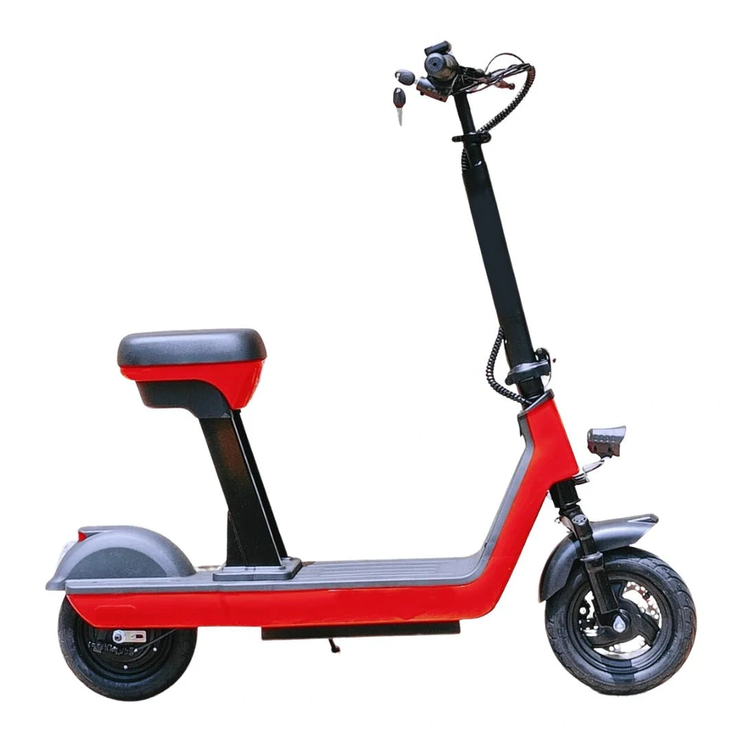 Red electric scooter with black seat on a white background