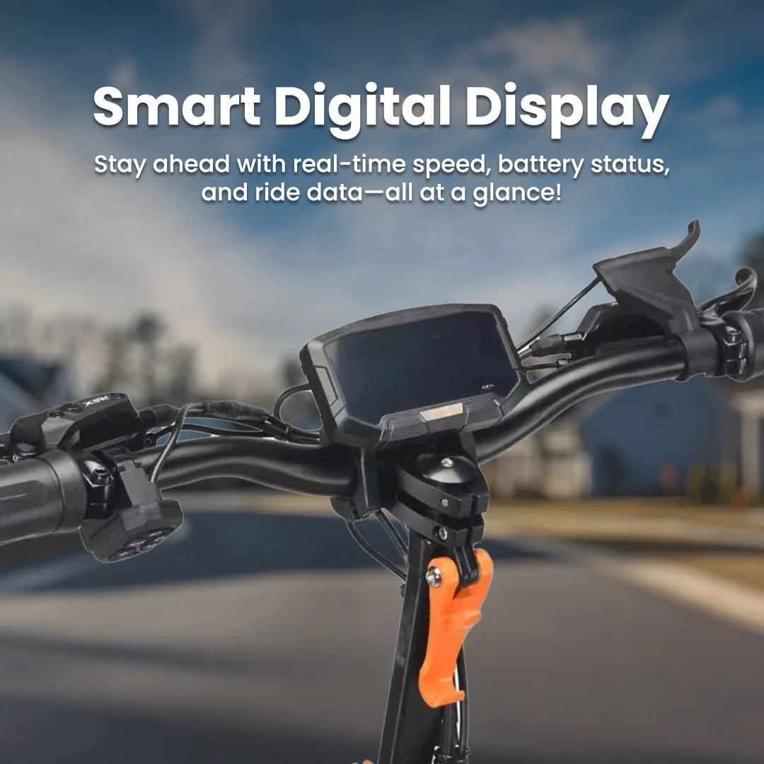 Smart digital display on bicycle handlebars with text about real-time speed and battery status.