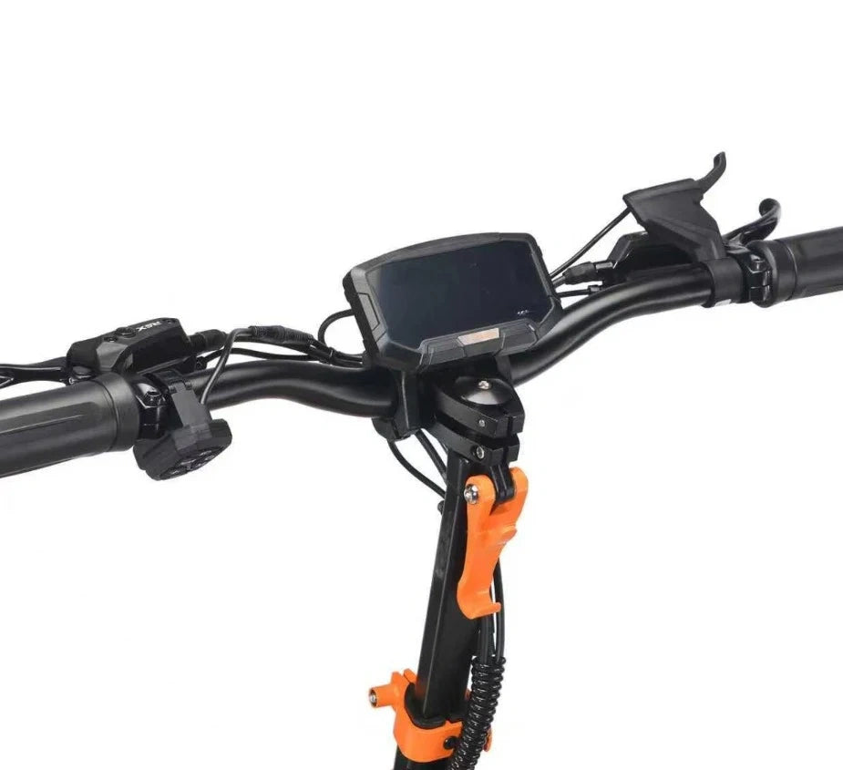Close-up of bicycle handlebar with electronic device and orange brake lever on a white background