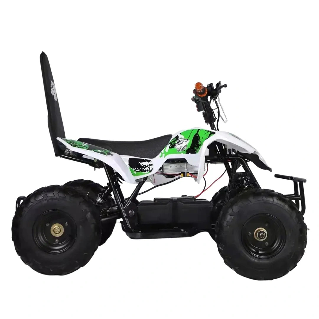 Children's ATV with green and black design on a white background