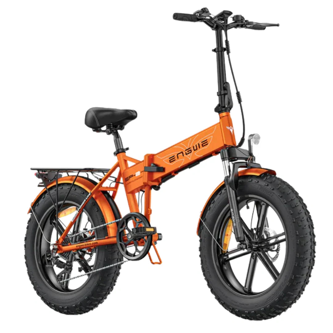 Orange electric bike with black seat on a white background