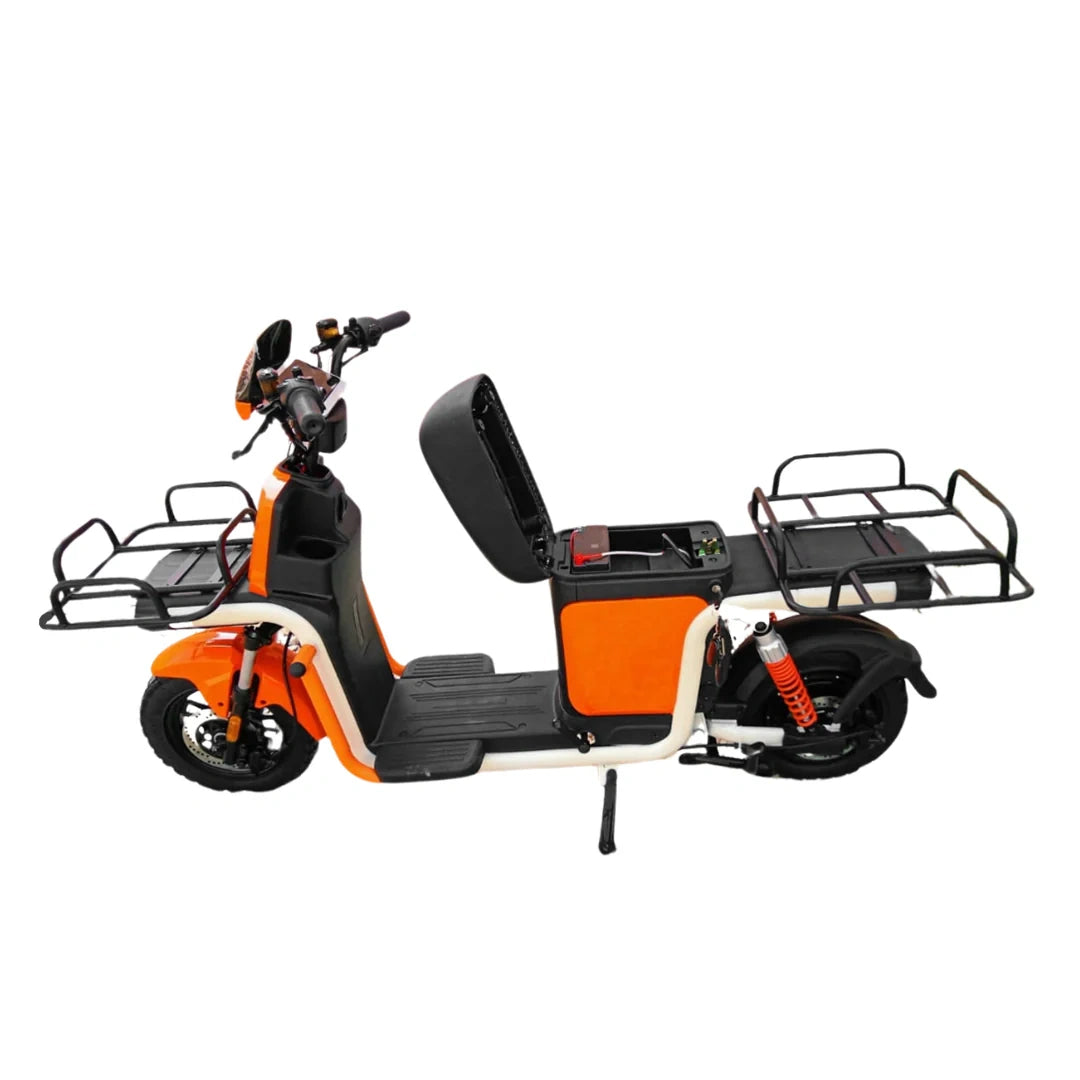 Orange and black electric scooter with cargo racks on a white background